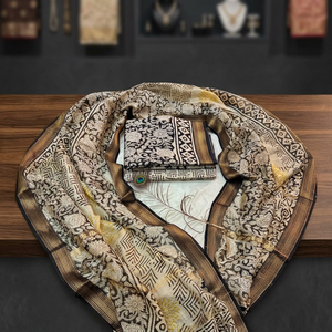 Traje clásico de seda Maheshwari con diseño textil estampado a mano, dupatta de seda y pantalón de algodón cambray, ropa étnica. - Product Image 2