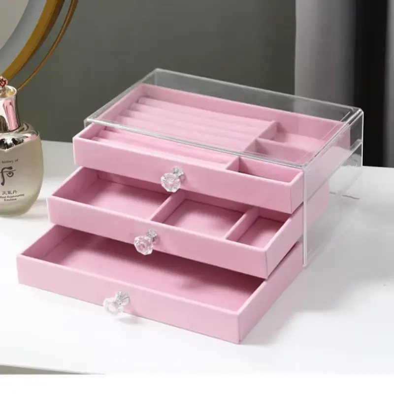Acrylic Jewelry Box 3 Drawers, Velvet Jewellery Organizer, Earring Rings Necklaces Bracelets Display Case Gift for Women, Girl