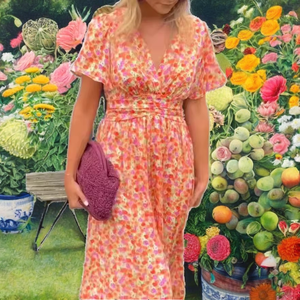 European and American Ladies' Vintage <b>High</b> <b>Waist</b> V-neck <b>Dress</b> Solid Print Corduroy Floor-Length Sweet Style 100% Cotton Washable - Product Image 2