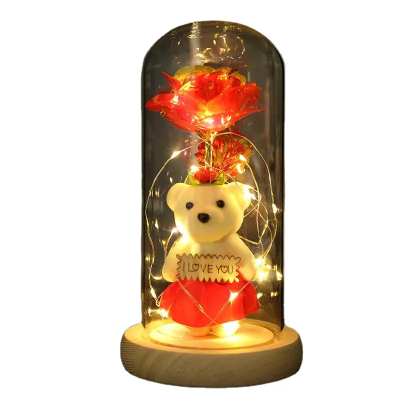 2024 Venta caliente LED luz cúpula de cristal Galaxy Rose flores con un Mini oso para Navidad regalo de cumpleaños del Día de San Valentín