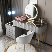 Ensemble de coiffeuse moderne avec miroir, tiroirs ondulés et tabouret, éclairage LED intelligent en bois extensible pour la chambre à coucher