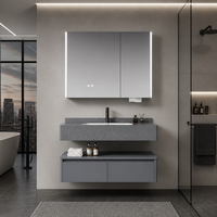 Meuble-lavabo mural flottant double couche avec dessus en pierre de roche gris, en contreplaqué, pour hôtel de luxe, meubles de salle de bain modernes