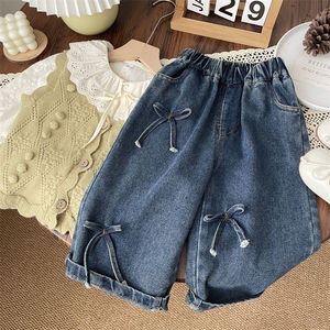 Nuovi Jeans da ragazza primavera autunno <span class=keywords><strong>pantaloni</strong></span> larghi stile coreano a gamba dritta con fiocco a gamba larga Casual - Product Image 1