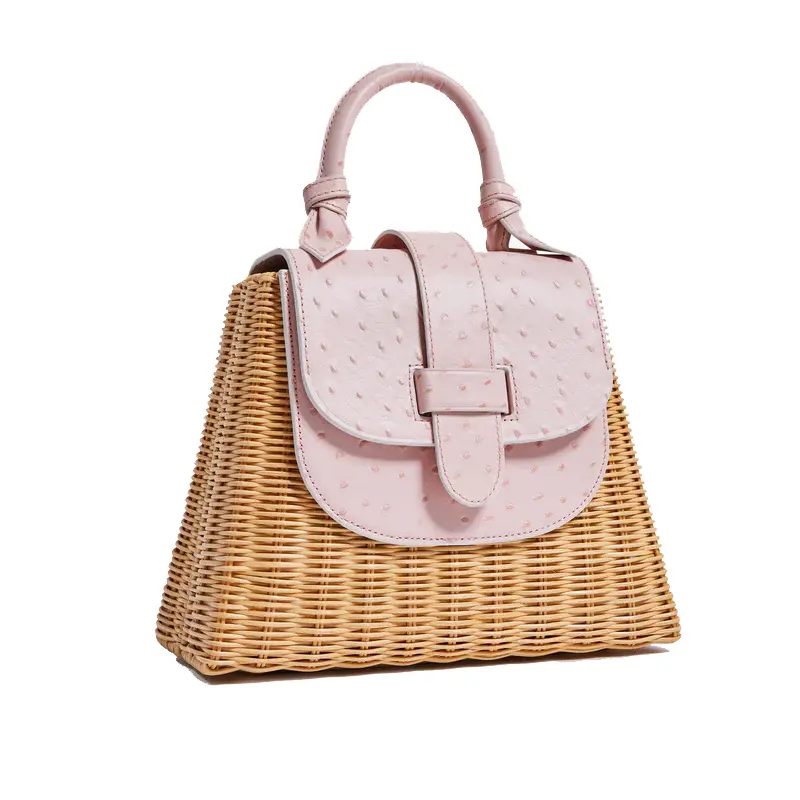 2024 estate prodotto alla moda borsa con manico superiore borsa da spiaggia disegni personalizzati borsa in Rattan da donna intrecciata a mano con pelle goffrata per le donne