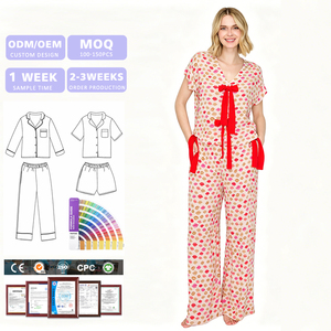 ODM/OEM <b>Print</b> Women's V-Neck Bow Tie and Wide Leg Pants Customizable Sleepwear Pajama Set - Product Image 1