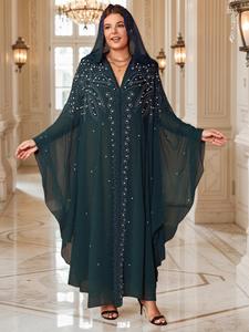 Vente chaude Vintage Polyester Abaya Robe avec manches chauve-souris été et automne musulman châle à capuche - Product Image 6