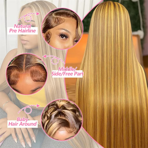 Perruque Lace Front Ombré Blond <span class=keywords><strong>Miel</strong></span> 30/613 avec Mèches, 5x5 13x4, Cheveux Humains Lisses Naturels Pré-Pluckés avec Baby Hair - Product Image 4