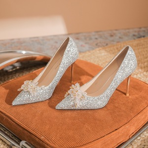 Solid Pattern Flower Heeled Sandals Pointed <b>Toe</b> Stiletto High Heel (3-5cm) Elegant Wedding Party Dress Shoes Comfortable Women's - Product Image 1