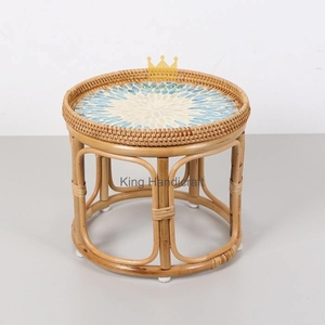 Handcrafted Natural Bamboo Rattan Side <b>Table</b> Mother of Pearl Inlay Minimalist <b>Round</b> <b>Bedside</b> Coffee Accent <b>Table</b> Cheap Price - Product Image 3