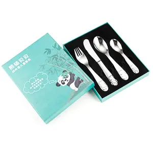 动物熊猫不锈钢婴儿餐具勺子和叉子餐具套装，可爱定制图案幼儿餐具套装