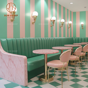 Set di Mobili per Caffetteria, Ristorante e Bar: <span class=keywords><strong>Divano</strong></span> in Pelle Verde, Tavolo in Marmo Rosa e Sedie Verde Chiaro per Spazi di Ristorazione - Product Image 6