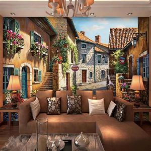 Murale da Parete Stile Art Déco Europeo con Villaggio in Pietra, Bicicletta, Caffè e Strada, Carta da Parati Vintage per Ristoranti e Bistrot - Product Image 4