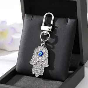 2024 Bling Heart Blue Eye Handbag Charms Car Key Chains Crystal Rhinestone Evil Eye Hamsa Hand Keychain