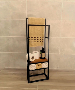 202508 porte-serviettes <span class=keywords><strong>en</strong></span> métal avec étagère <span class=keywords><strong>en</strong></span> <span class=keywords><strong>bois</strong></span> porte-serviettes de salle de bain - Product Image 1