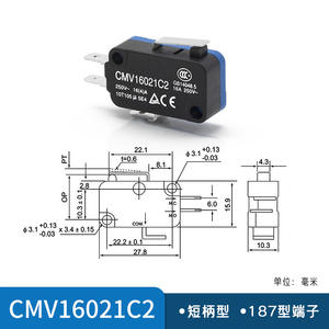 Microinterruptor de Límite Miniatura CMV16021C2 de CNTD Changde Electric, Auto-Reiniciable, 16A, Mango Corto, Terminal Tipo 187 - Product Image 2