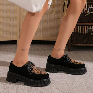 Suede Platform Shoes <b>Tie</b> <b>Back</b> Plus Size Autumn Women's Thick Sole Leopard British Style Low Ankle Flats - Product Image 2