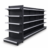 Étagère de présentation double face en acier léger, gris foncé métallisé, avec panneau perforé et bordure argentée, 5 niveaux, pour supermarché et commerce de détail