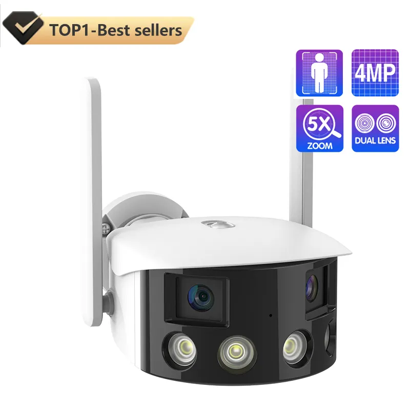 Caméra IP PTZ WiFi double objectif 4MP 180 Ultra grand angle de vue Caméra réseau sans fil panoramique extérieure Détection humaine