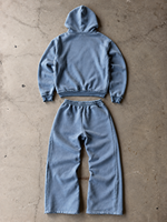 Ensemble de survêtement unisexe surdimensionné High Street Custom pour homme, gris ardoise bleu délavé, avec sweat à capuche à motif lettres et pantalon de jogging coupe ample