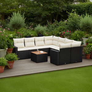 Conjunto de sofá de jardín de ratán blanco crema y negro con cojines, 6 plazas, muebles de exterior, diseño contemporáneo - Product Image 2