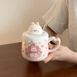 Cherry Blossom Rabbit <b>Ceramic</b> <b>Mug</b> With Lid And Straw Pink Blue Cartoon Design For Coffee Milk Breakfast Gift - Product Image 2