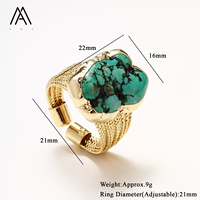 Bague Ajustable Bohème Vintage en Pierre Naturelle Brute avec Bande en Maille Plaqué Or 18K Tendance pour Mariages