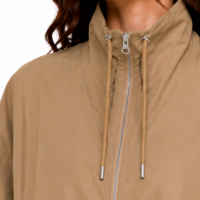 Veste coupe-vent kaki pour femme avec logo personnalisé, col montant à cordon de serrage, fermeture éclair intégrale, manches raglan, poignets élastiques, manteau court d'extérieur