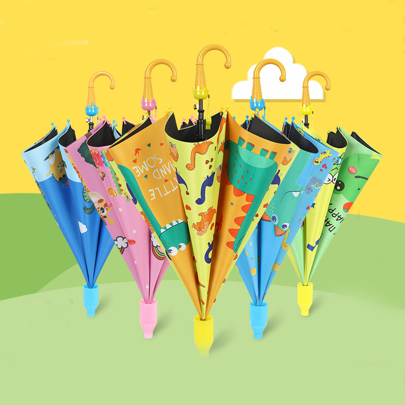 Зонт детский с длинной ручкой, водонепроницаемый с милым принтом животного, с черным покрытием, для мальчиков и девочек