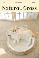 Lit pour chat en tissu naturel durable, sans peluches, avec griffoir intégré, design rond respirant pour le repos et le tranchage des griffes