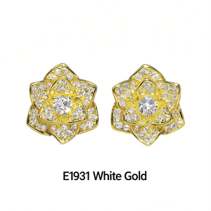 Pendientes de botón con flor de oro blanco E1931 con engaste de diamantes para mujer, joyería fina de lujo - Product Image 1