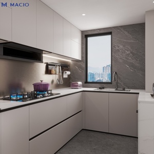 Cocina Compacta para Apartamento MACIO con Gabinetes Grises Mate y Panel de Pared de Mármol Oscuro, Pedido al por Mayor para Cocinas Residenciales - Product Image 1