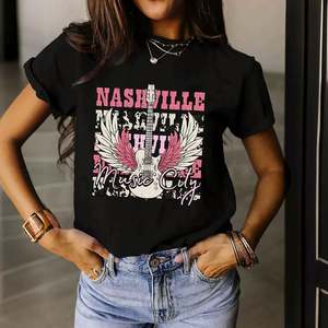 Camiseta de verano para mujer europea y americana, diseño personalizado de guitarra de Nashville Music City, cuello redondo, manga corta holgada - Product Image 6