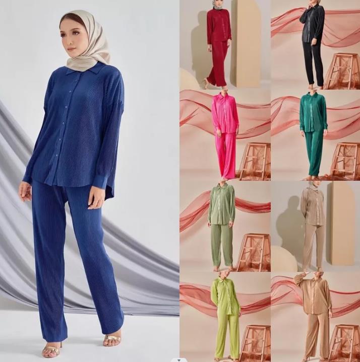 Baju Kurung Malaysia Baju Islami Lengan Panjang Blus Satin Berlipat dan Celana Set Pakaian Muslim Tradisional Abaya