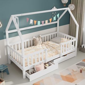 <span class=keywords><strong>Letto</strong></span> per bambini in legno massello 140X200 <span class=keywords><strong>cm</strong></span> camino in pino materassi robusta Base a doghe bianca con due cassetti - Product Image 4