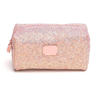 Pochette de maquillage en cuir PU rose tendance, logo personnalisé, pochette cosmétique, fermeture éclair avec fil pailleté, organiseur de toilette pour femmes, voyage