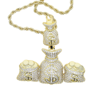 Collier avec pendentif sac d'argent triple en laiton plaqué or, entièrement serti de zircone cubique, motif signe de dollar, style Hip Hop, pour hommes et femmes