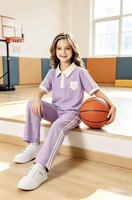 Ensemble deux pièces polo pour filles, haut à manches courtes et pantalon large rayé, tenue décontractée d'été pour enfant avec broderie cœur