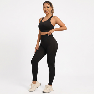 Women's 2 Piece <b>Yoga</b> Set High Waist <b>Leggings</b> Crop Top Seamless Full Length Solid <b>Black</b> Spandex Polyester Racerback Sleeveless - Product Image 5