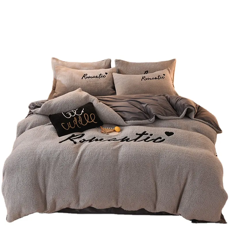 Dropshipping New autumn and winter warm Grey sherpa embroidery comforter four-piece bedding sets luxury duvet bedding set