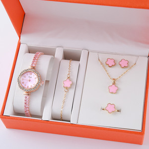 Ensemble de bijoux pour femme <span class=keywords><strong>avec</strong></span> montre à fleurs à cinq pétales porte-bonheur, 6 pièces, bracelet à fleurs + collier + boucles d'oreilles + bracelet + bague, anniversaire - Product Image 2