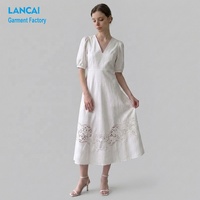 Robe midi élégante personnalisée pour femme et jeune fille, avec dentelle, col en V, manches bouffantes et design ajouré, vente en gros
