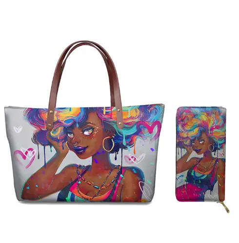 Fashion Print Top-handle Lady tote bags African Girls Black Art Design Large PU Shoulder Handbags Women China Manufacturer