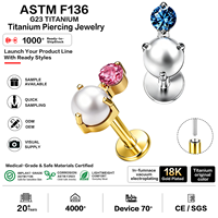 Piercing en Titane ASTM F136 G23 avec Perle Ronde CZ, sans Filetage, à Poussoir, pour Hélix, Tragus, Conch, Cartilage, Labret, Plaqué Or 18K