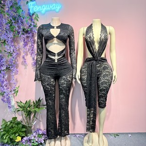 Ensemble deux pièces d'été décontracté pour <span class=keywords><strong>femme</strong></span> 2026 : <span class=keywords><strong>haut</strong></span> court à col rond et manches longues avec pantalon moulant en Spandex/Polyester, idéal pour les soirées - Product Image 1