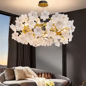 Lustre de vidro artesanal de flores D23.6 Polegadas, lâmpada pendente para decoração de galhos de alumínio, luz luxuosa para sala de estar e jantar