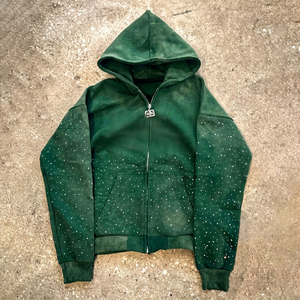 Sudadera con capucha y cremallera de peso pesado personalizada y pantalones deportivos con pedrería y serigrafía personalizada - Product Image 1