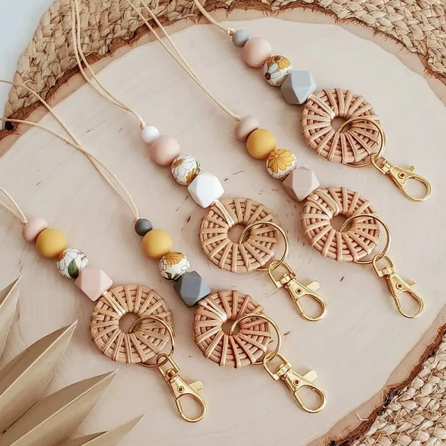 New Handmade Wooden Bead Lanyard Smile Face Beaded Teacher Lanyard Image 3