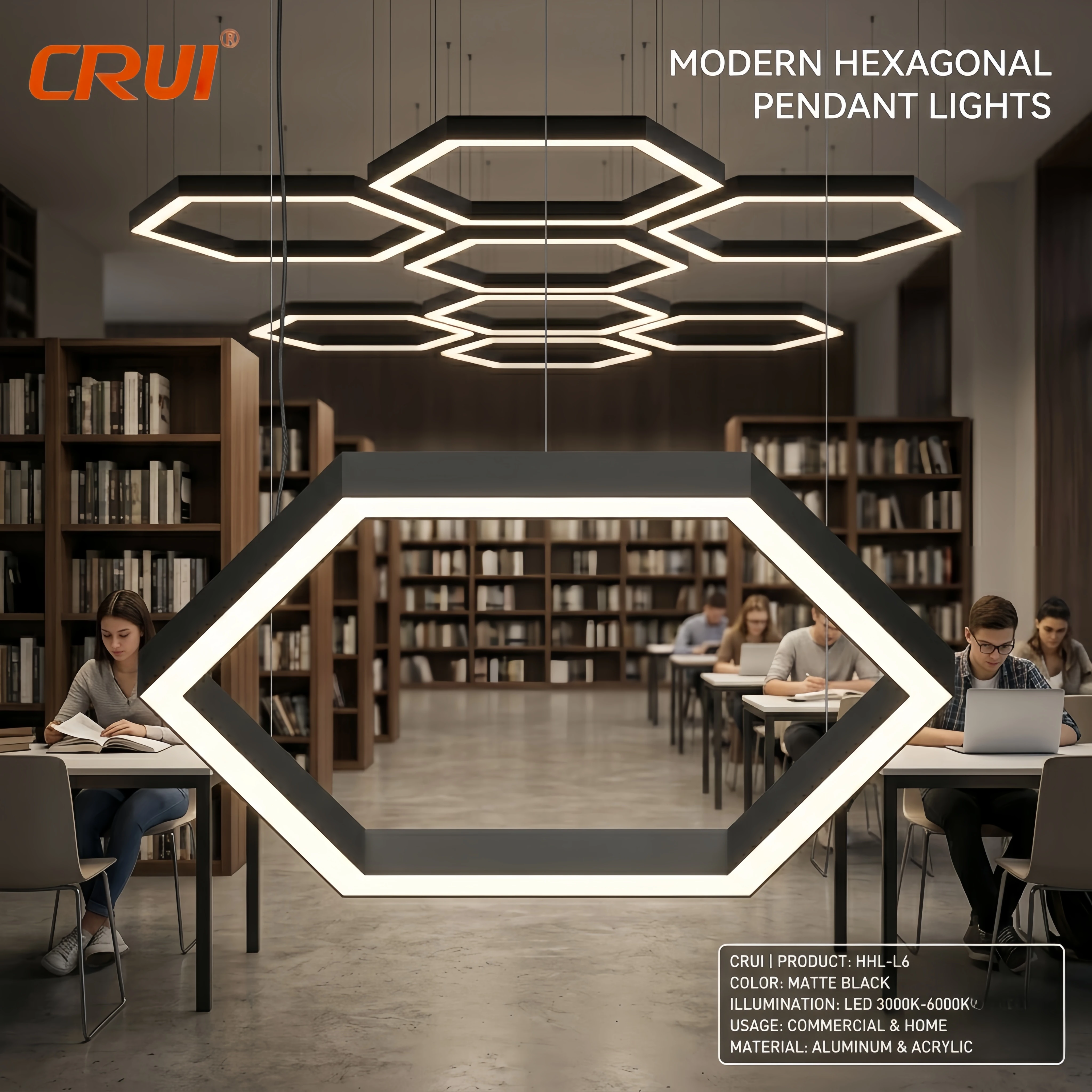 Commercial LED Pendant Light Hexagonal Aluminum Customizable Size Dimmable High CRI 90 for Office Use
