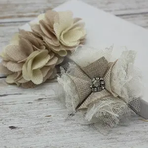 Fleurs en toile de jute naturelle, fleur rustique en tissu dentelle, vente en gros, pour décoration de mariage, fleur artisanale faite à la main, au Center avec strass