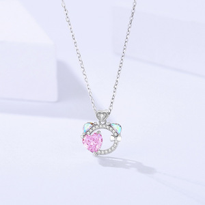 Collar de Plata de Ley S925 con Orejas de Gato y Corazón con Circonita Rosa, Joyería Fina de Moda para Mujer, Regalo de Aniversario o Cumpleaños - Product Image 3